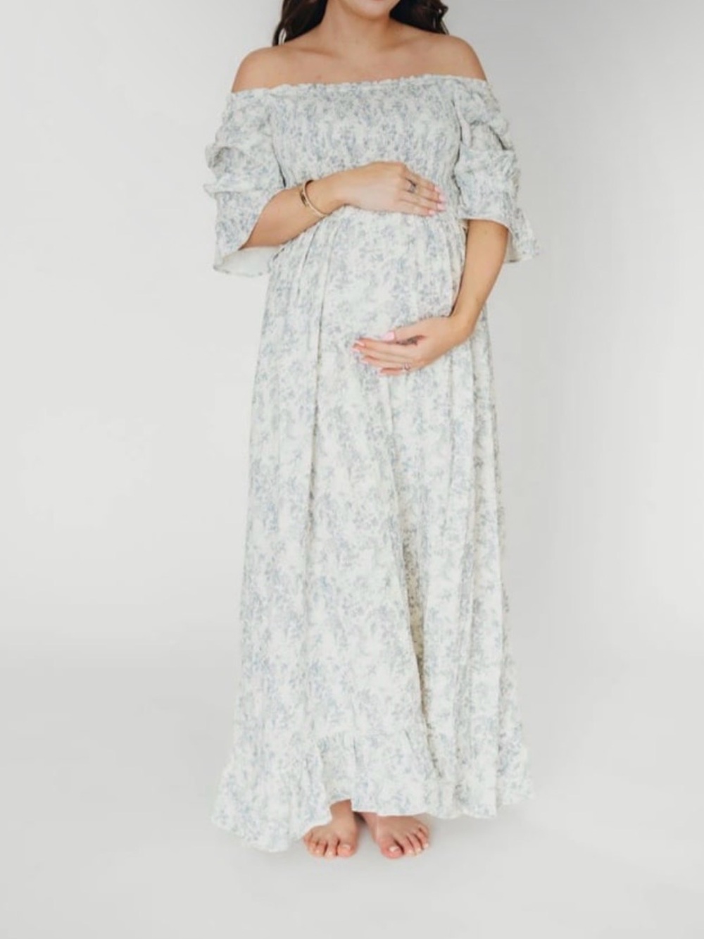 Off-Shoulder Light Blue Floral Maxi Maternity Dress